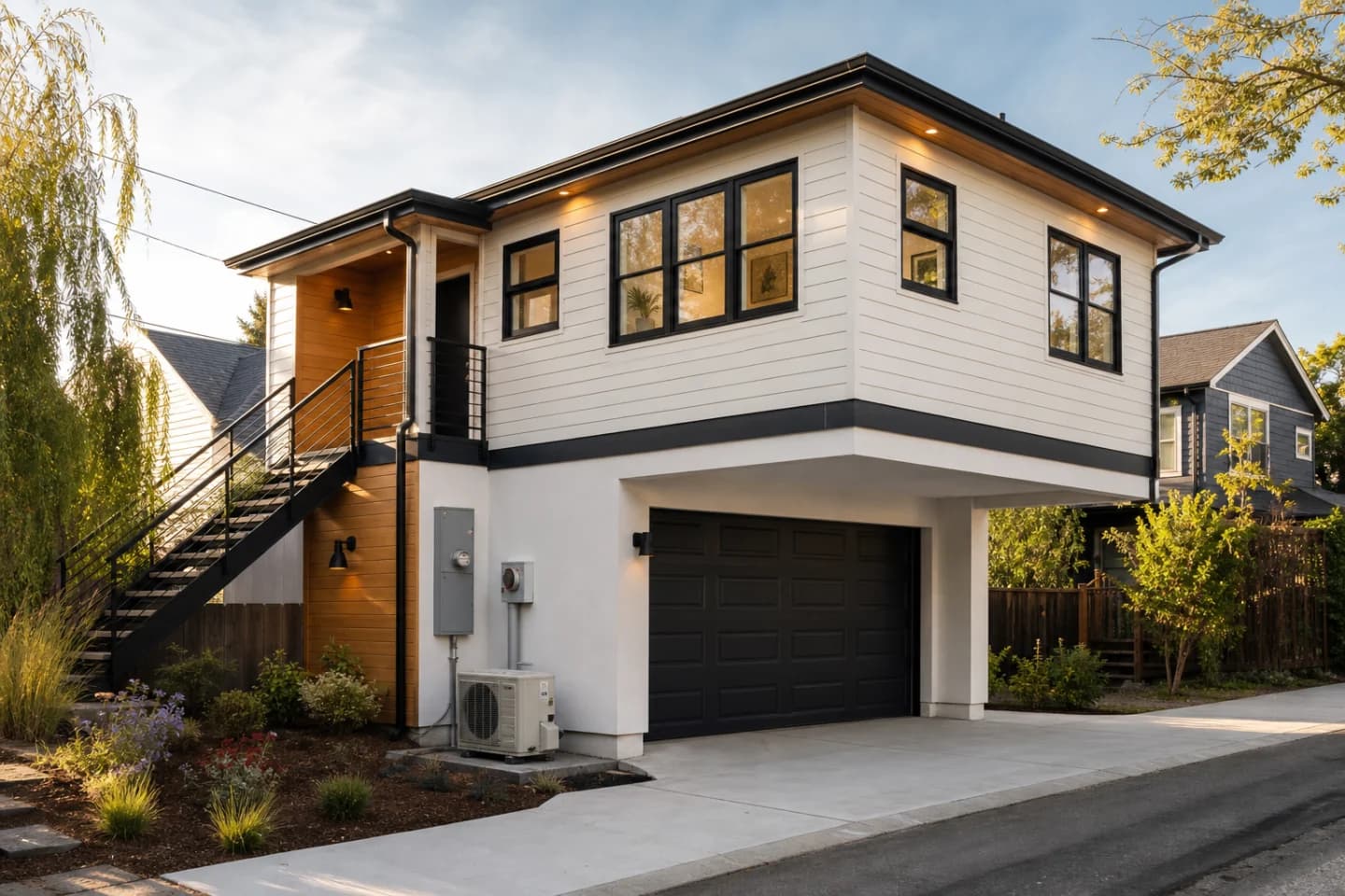 Modern above-garage ADU with a heat pump and upgraded electrical service ready for a bundled installation