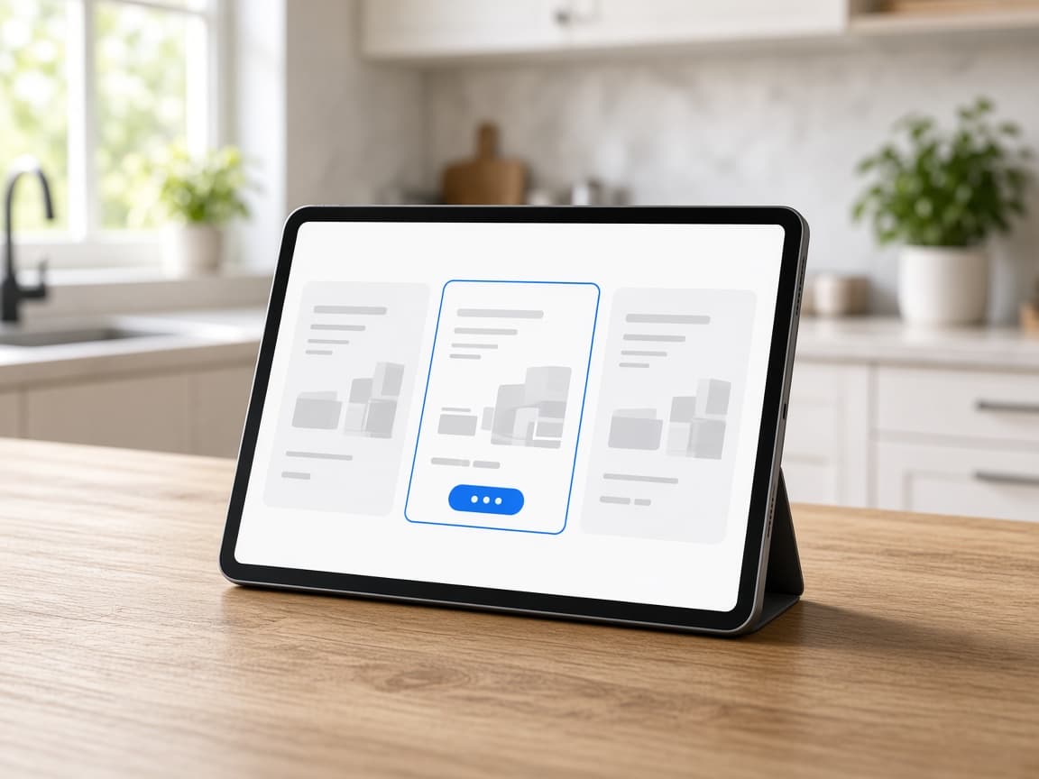 Tablet on a kitchen table showing a Portrex in-home offer with Good, Better, and Best HVAC options and monthly financing.