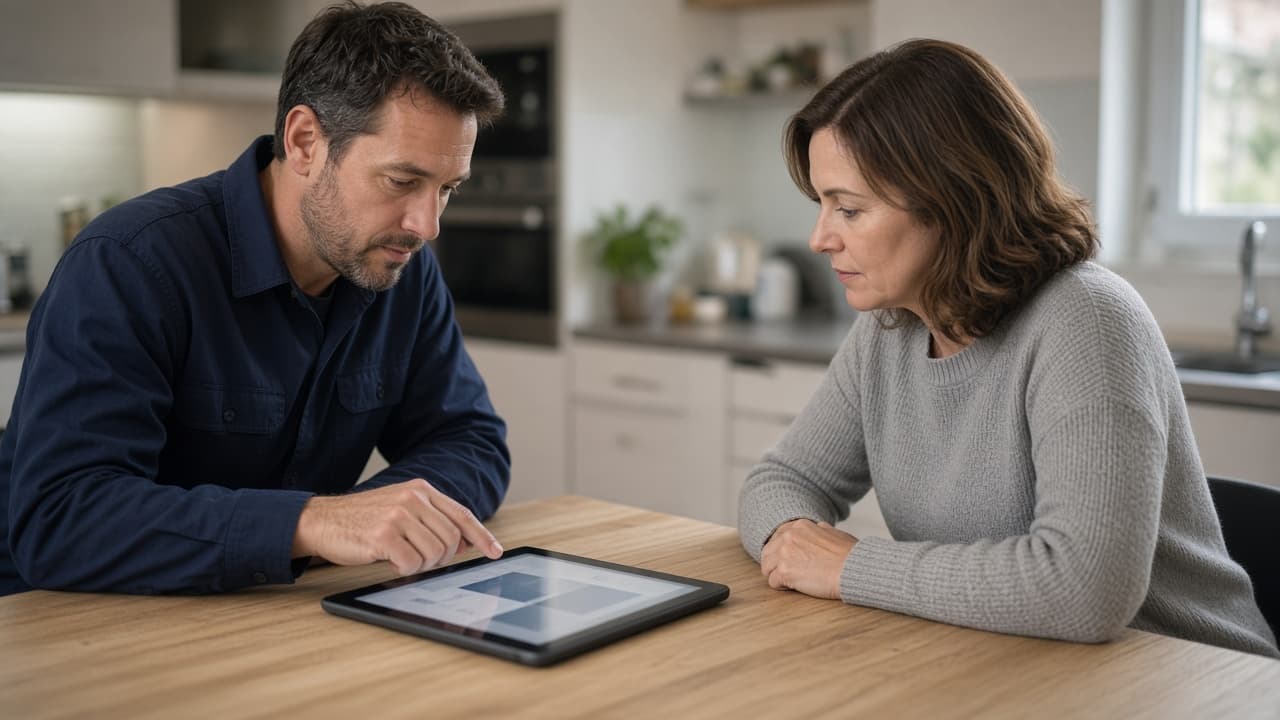 A service specialist and a homeowner reviewing a Portrex offer on a tablet at the kitchen table.