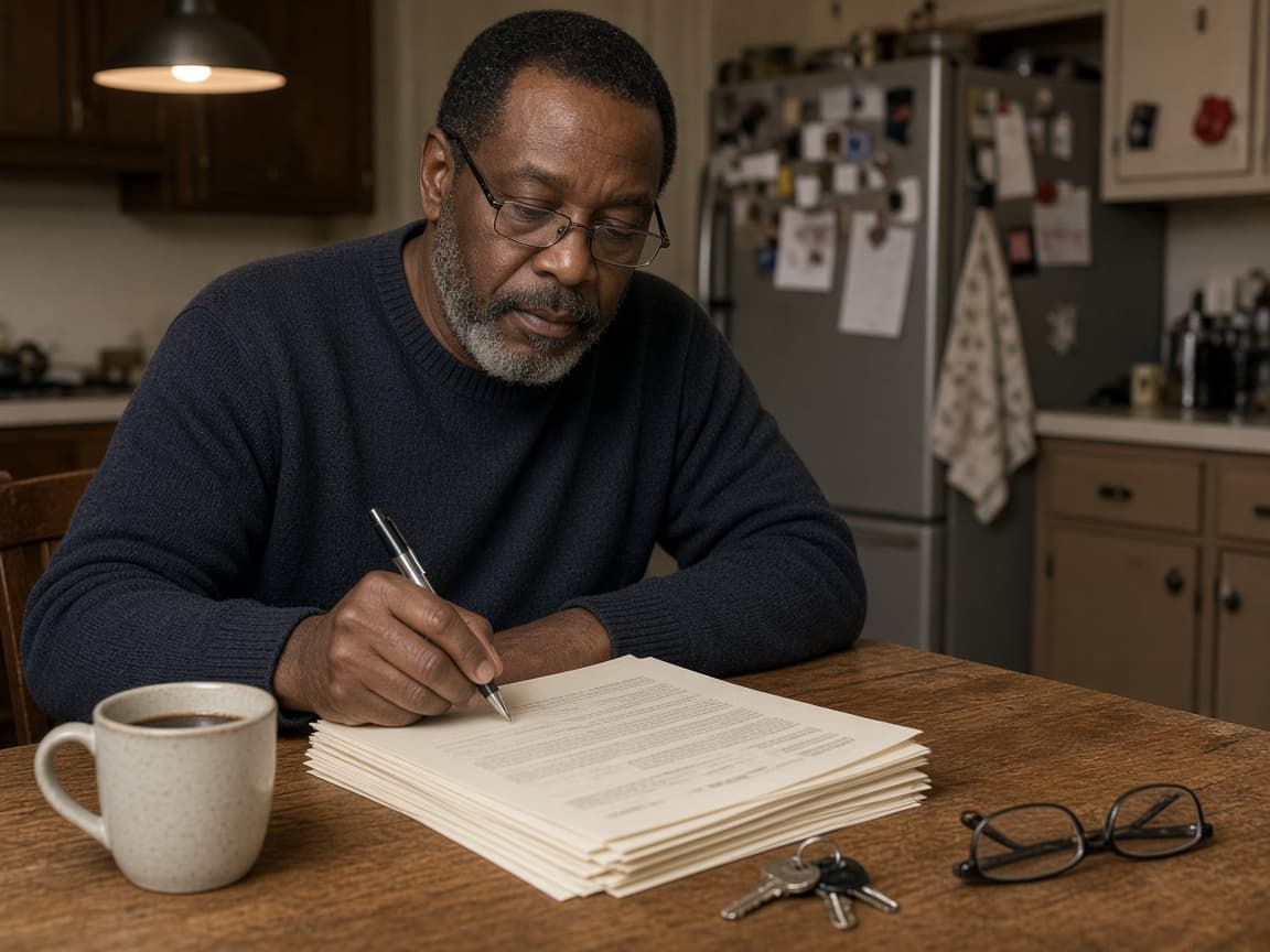 A man at a kitchen island reviewing a printed partner agreement with a pen in hand.