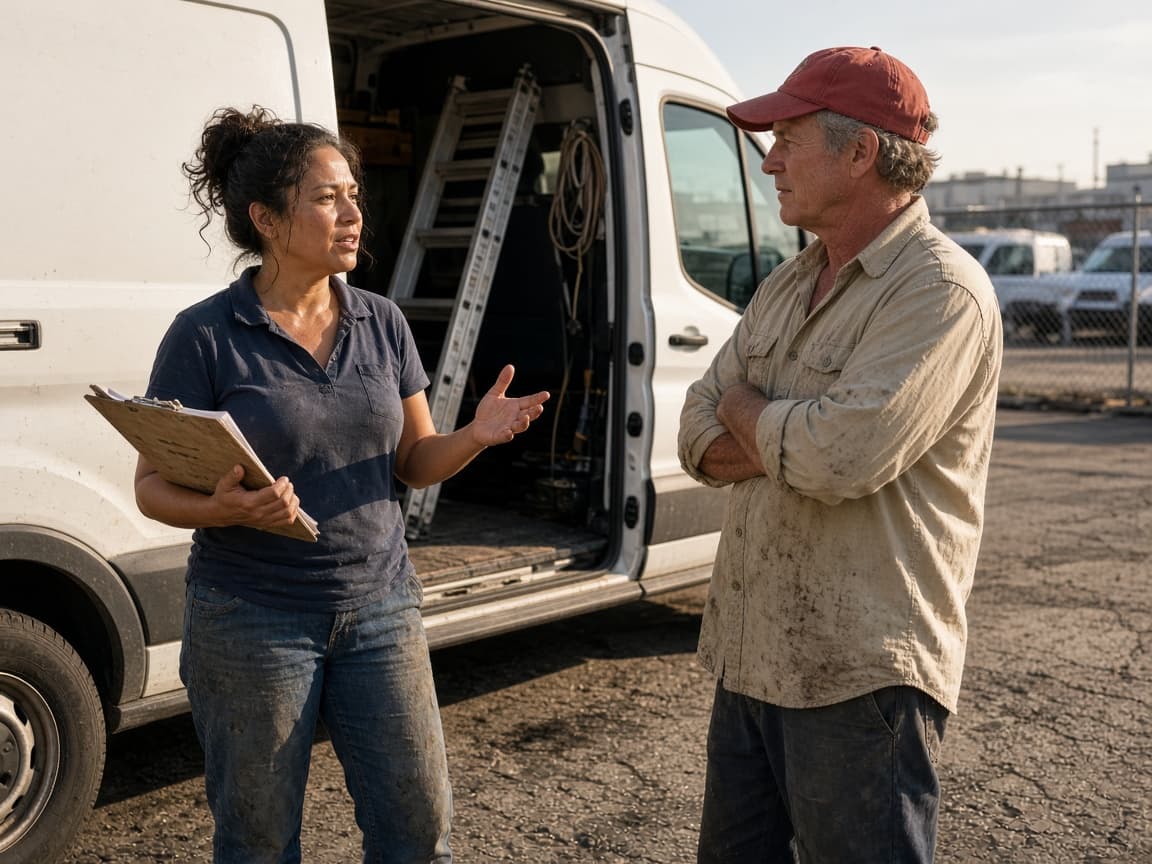 A field representative talking with a contractor beside an open work van in a jobsite lot.