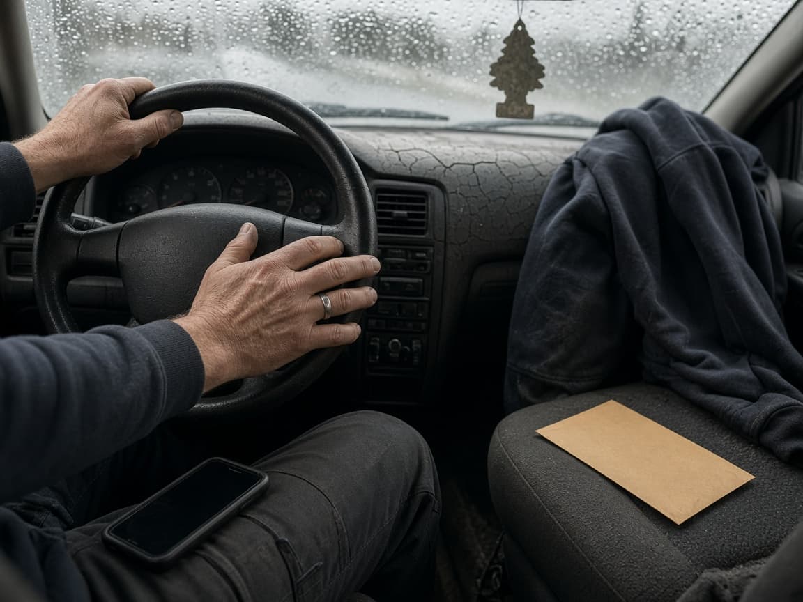 A driver in a pickup cab with a kraft envelope on the passenger seat after a payout.