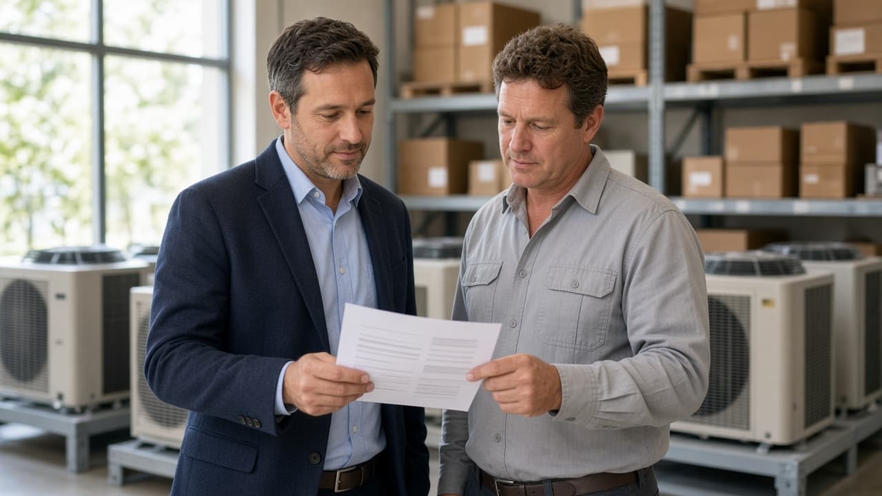 A manufacturer representative and a contractor reviewing an introduction in a distributor showroom.